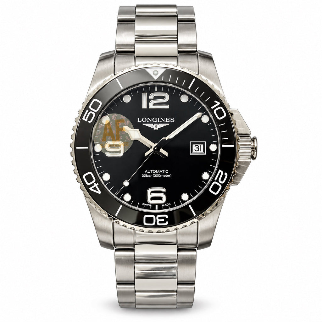 Longines HydroConquest automatic diver watch with black ceramic bezel and stainless steel bracelet
