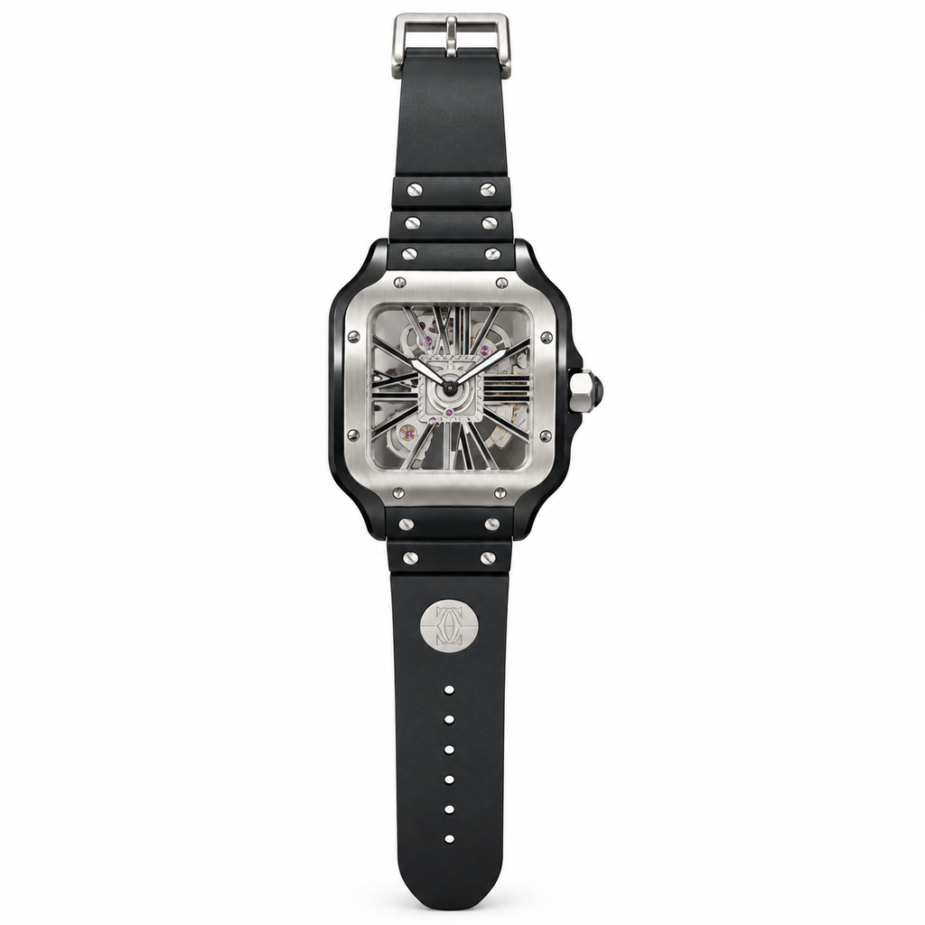 Cartier Santos Skeleton Black ADLC Steel Rubber Strap Watch – KDY