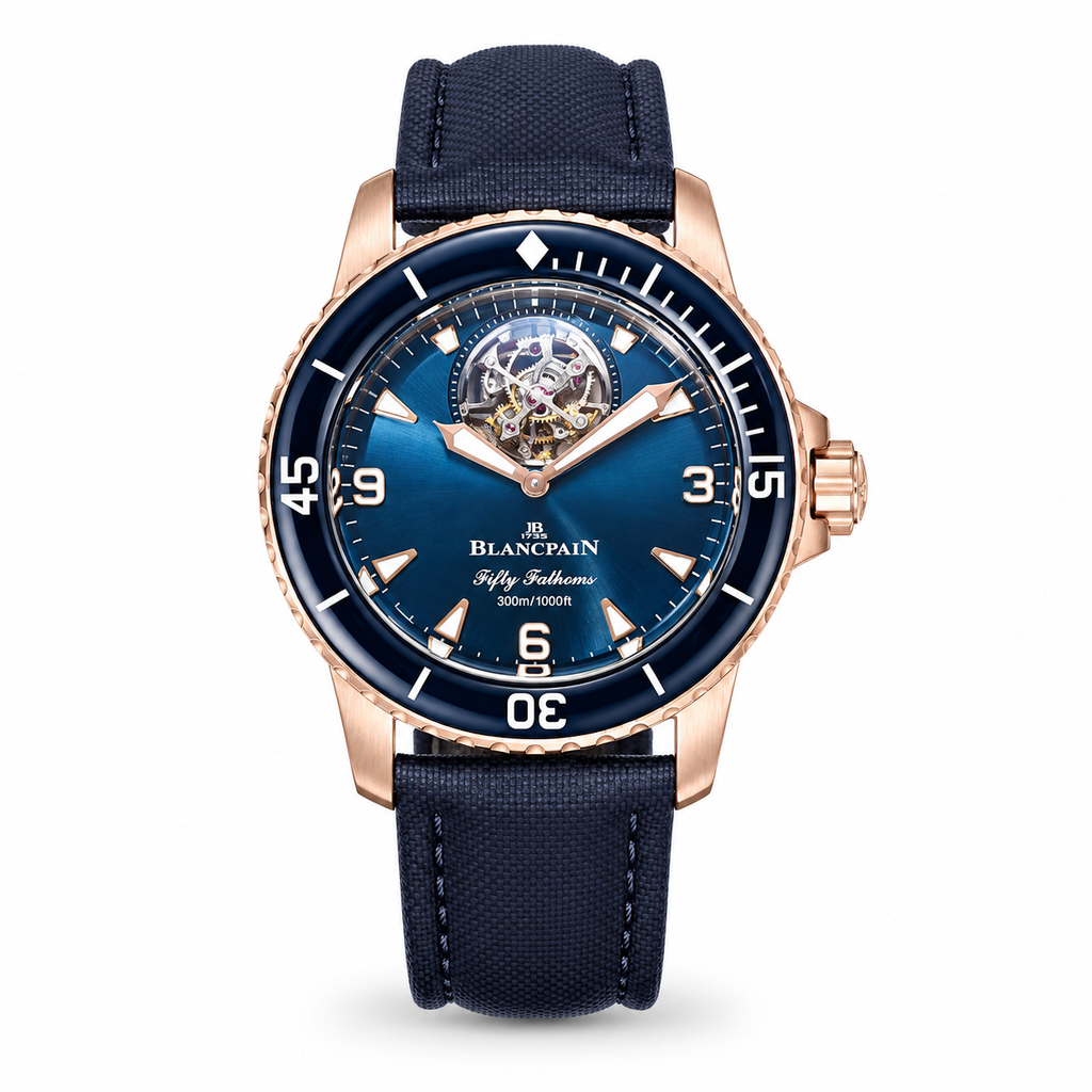 Blancpain Fifty Fathoms Tourbillon 18k rose gold blue dial with flying tourbillon and navy canvas strap