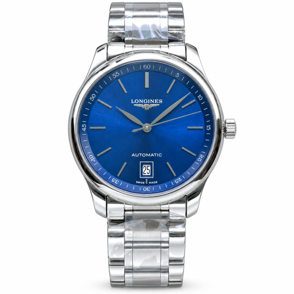 Longines Master Collection deep blue sunburst dial large date peripheral minute track stainless steel bracelet automatic dress watch