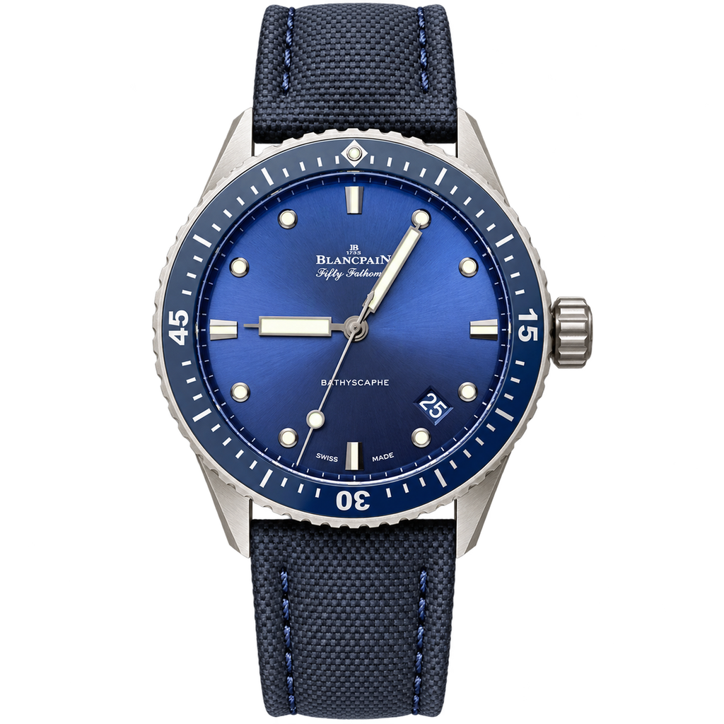 Blancpain Fifty Fathoms Bathyscaphe deep blue sunburst dial unidirectional blue ceramic bezel navy woven fabric strap automatic dive watch
