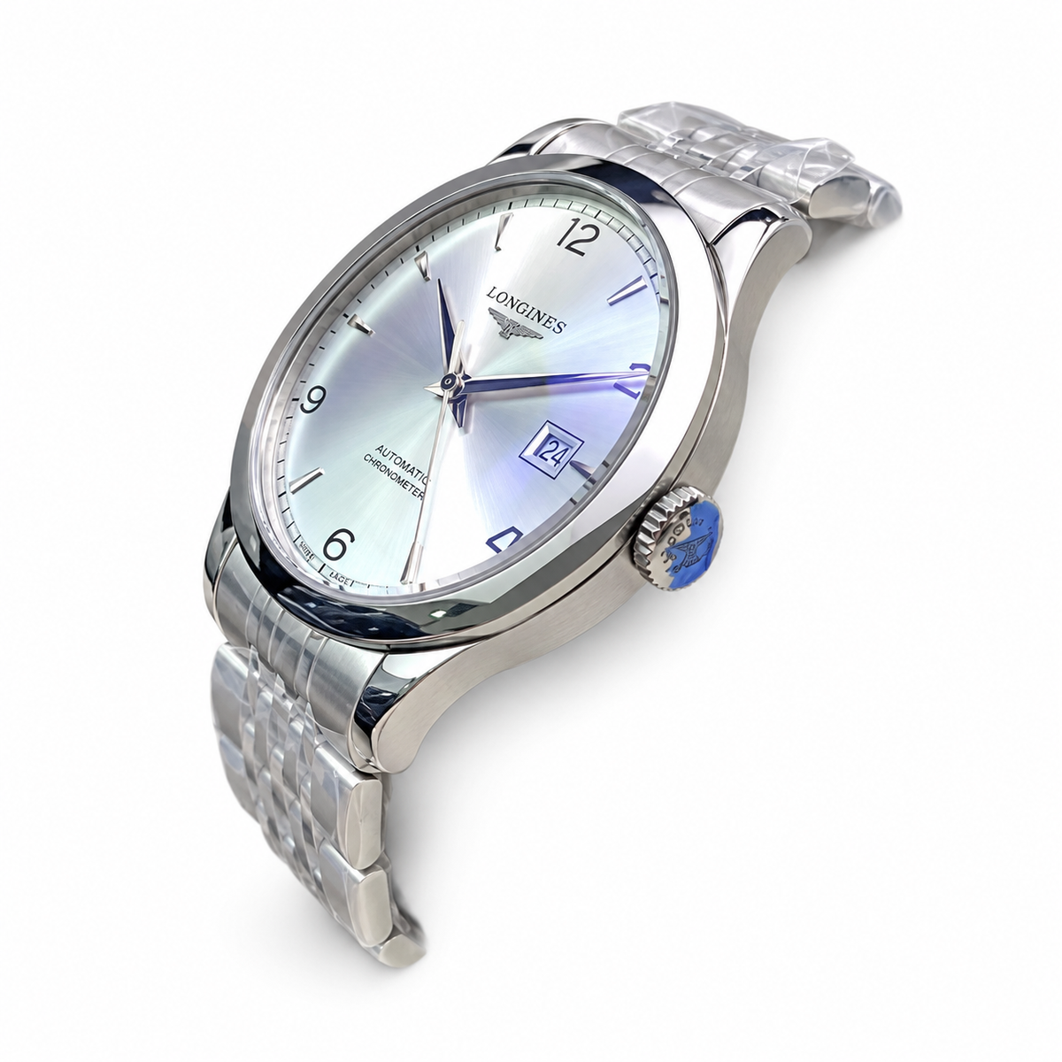 Longines Record Silver Dial Blue Hands Steel Bracelet Chronometer Watch