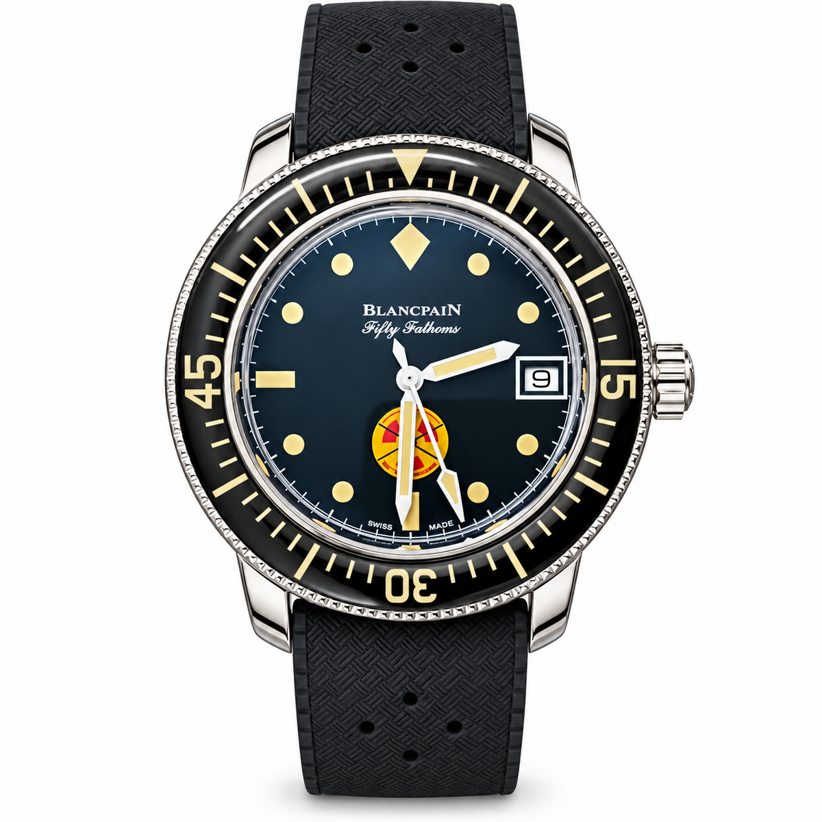Blancpain Fifty Fathoms Tribute to Fifty Fathoms black dial gold dot indices Ocean Commitment coloured badge date black coin-edge bezel perforated rubber strap limited edition dive watch