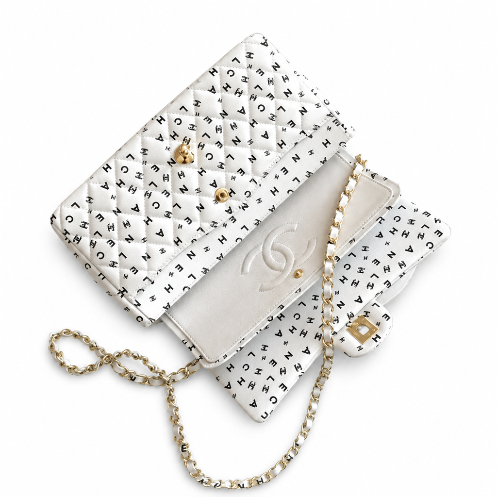 Chanel White Logo-Print Quilted Classic Double Flap Bag