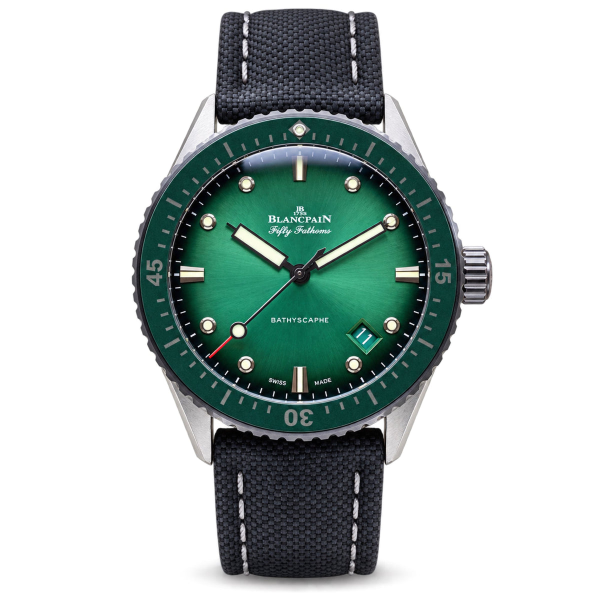 Blancpain Fifty Fathoms Bathyscaphe green sunburst dial steel case with date window and black canvas strap