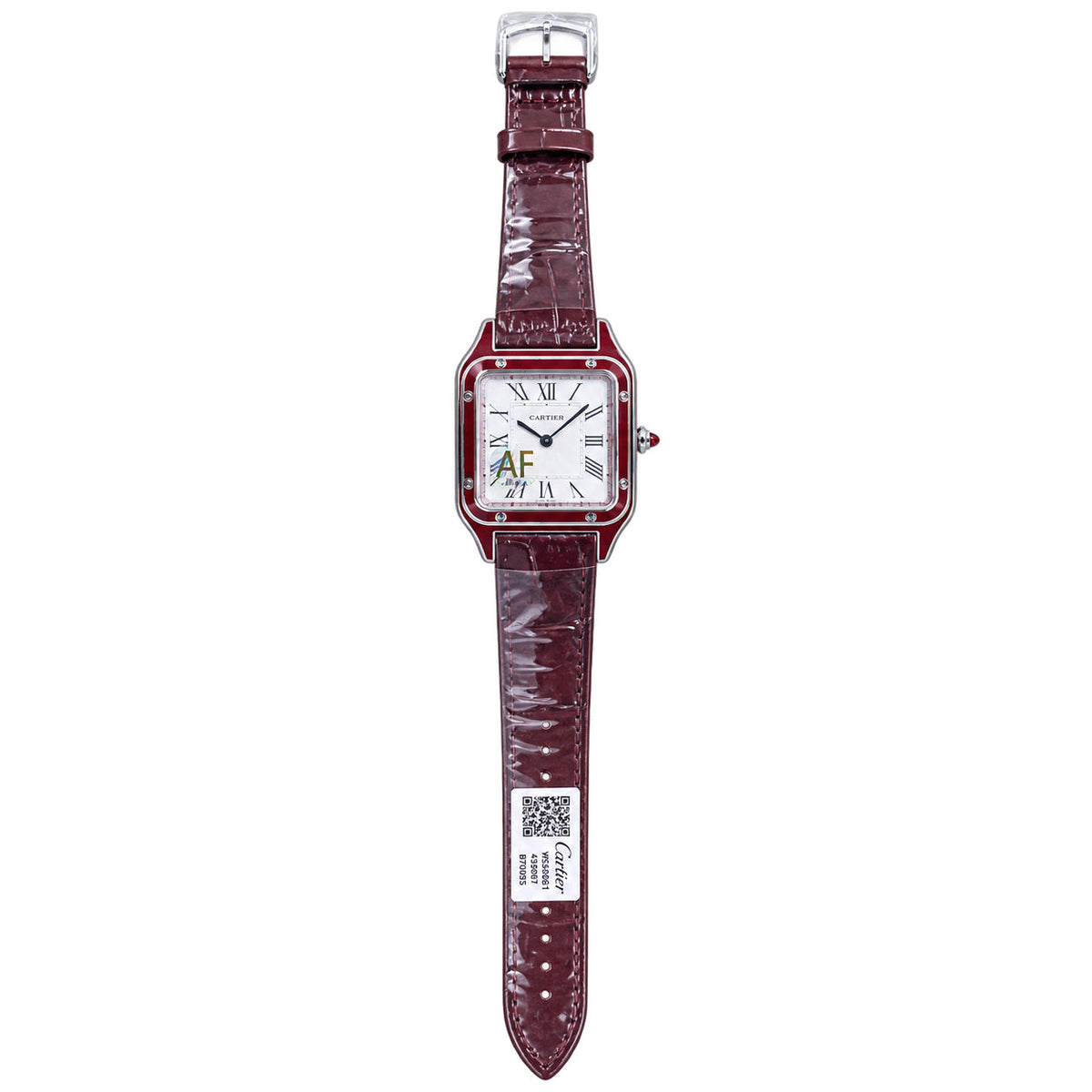Cartier Santos-Dumont Large — Steel, Burgundy Enamel Bezel, White Dial, Roman Numerals & Burgundy Alligator Strap, Quartz