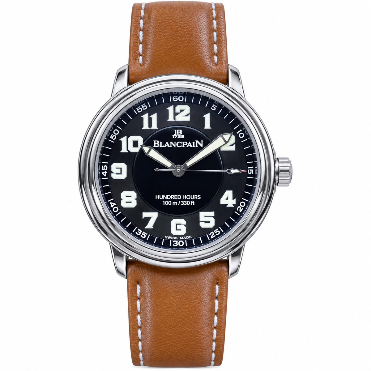 Blancpain Leman Hundred Hours black dial Arabic numerals 100-hour power reserve tan leather strap