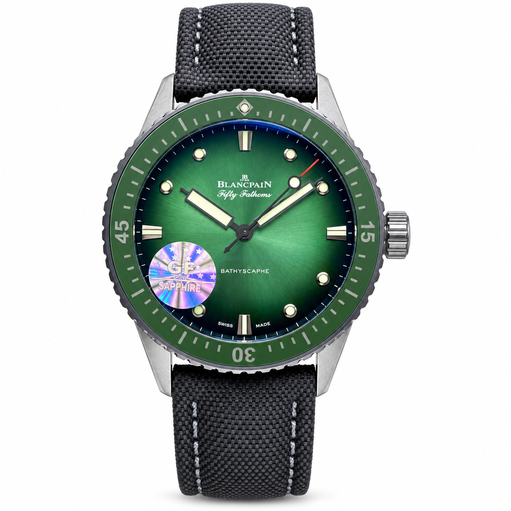 Blancpain Fifty Fathoms Bathyscaphe green sunburst gradient dial with green ceramic bezel and anthracite canvas strap