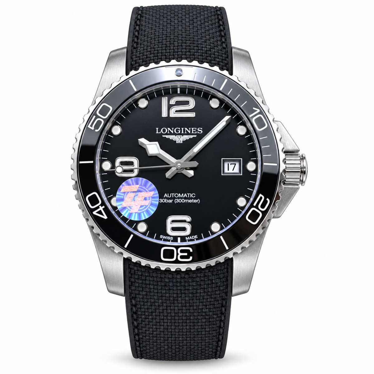 Longines HydroConquest Automatic black ceramic bezel diver watch 300m fabric rubber strap
