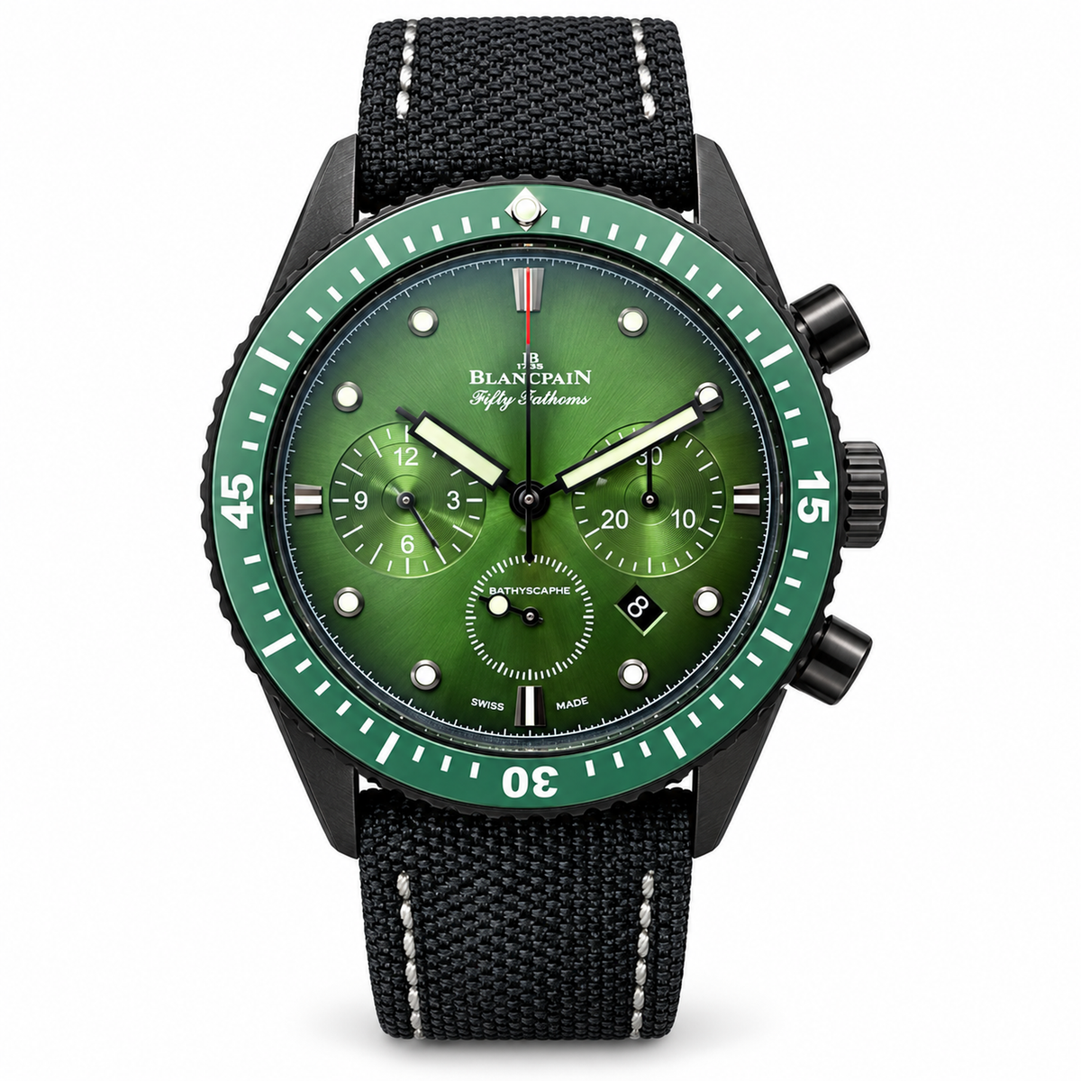 Blancpain Fifty Fathoms Bathyscaphe Chronograph green dial black ceramic case canvas strap