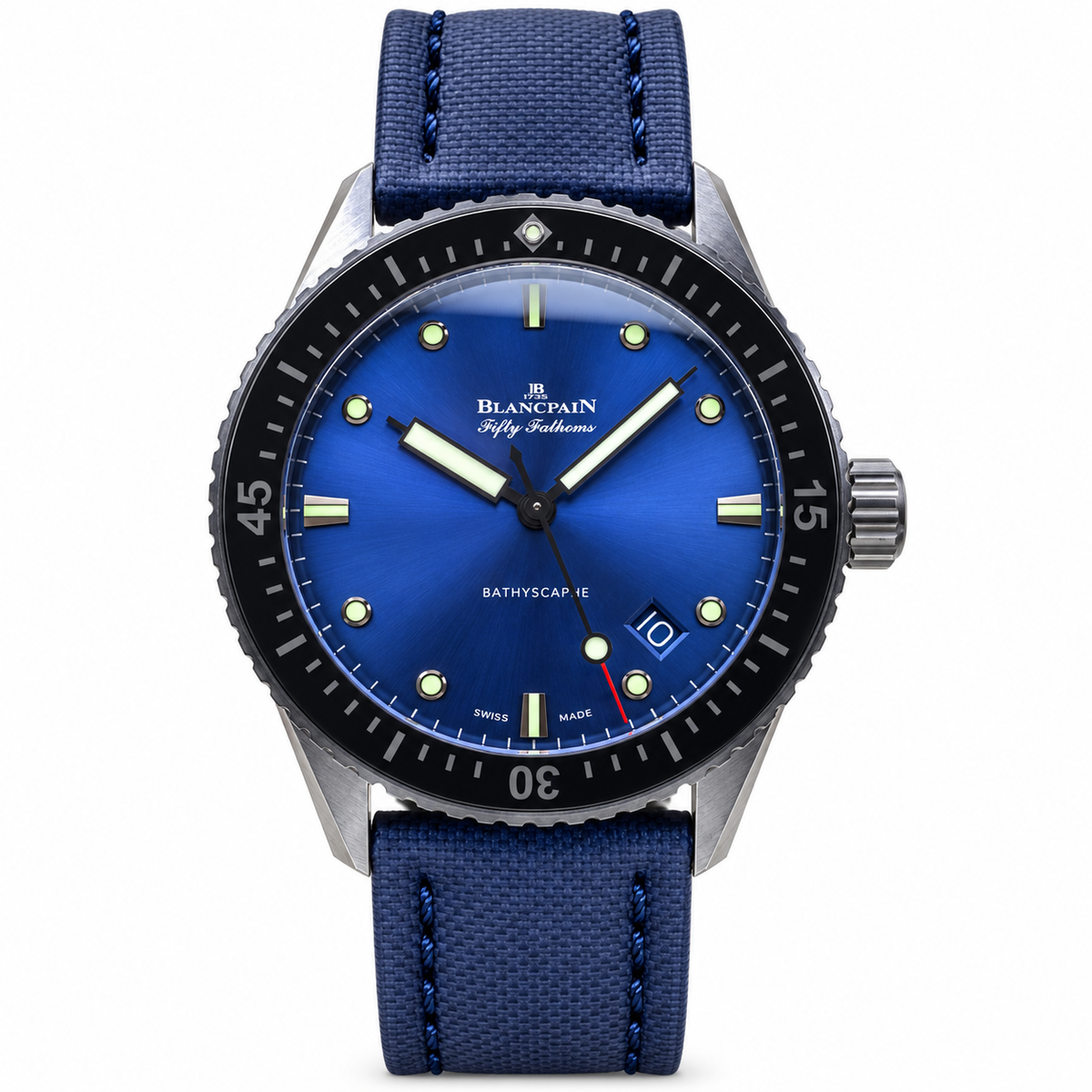 Blancpain Fifty Fathoms Bathyscaphe blue sunburst dial stainless steel with date window and navy canvas strap