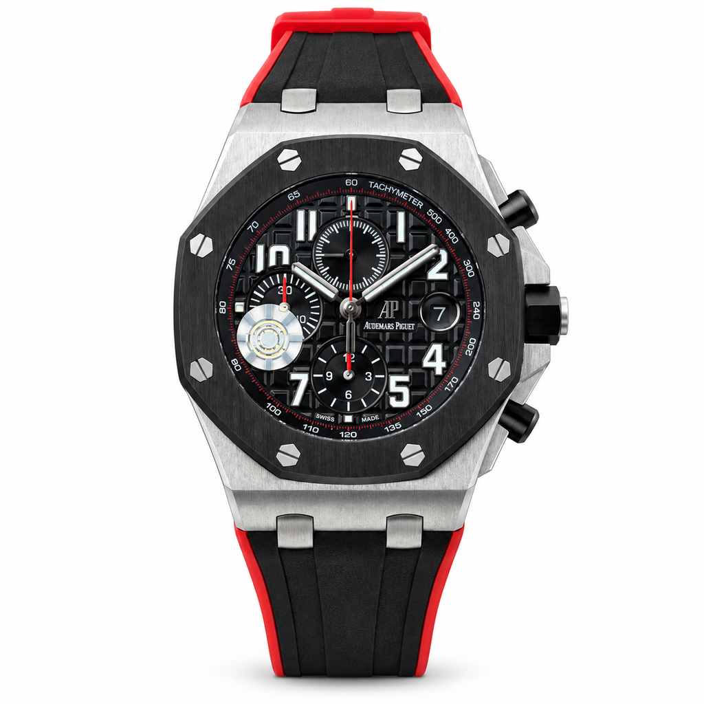 Audemars Piguet Royal Oak Offshore Chronograph Black Ceramic Bezel Red Seconds Mega Tapisserie Dial Black Red Rubber Strap 42mm Steel