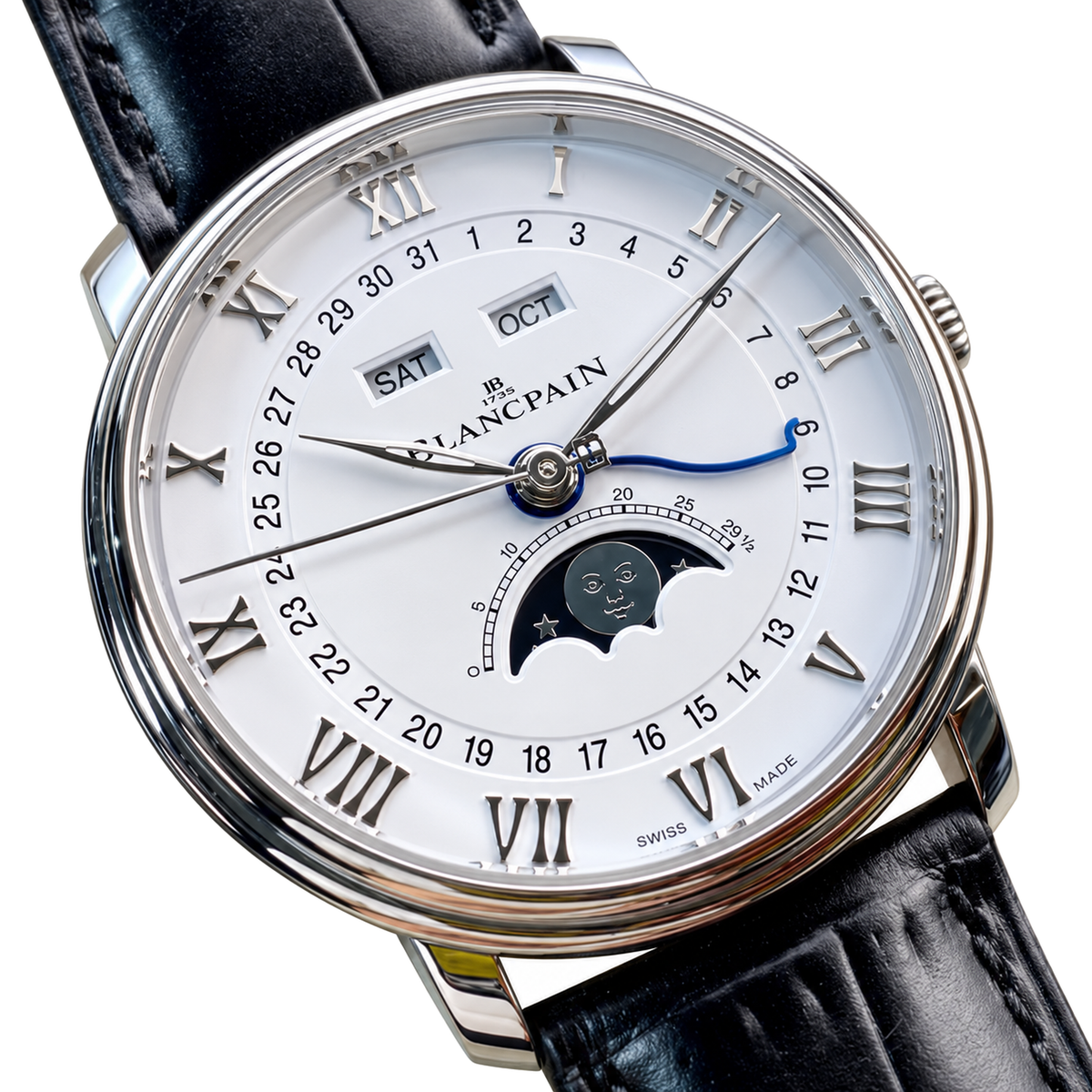 Blancpain Villeret Quantième Complet – Steel White Dial Blue Hands Moonphase Calendar Swiss Automatic