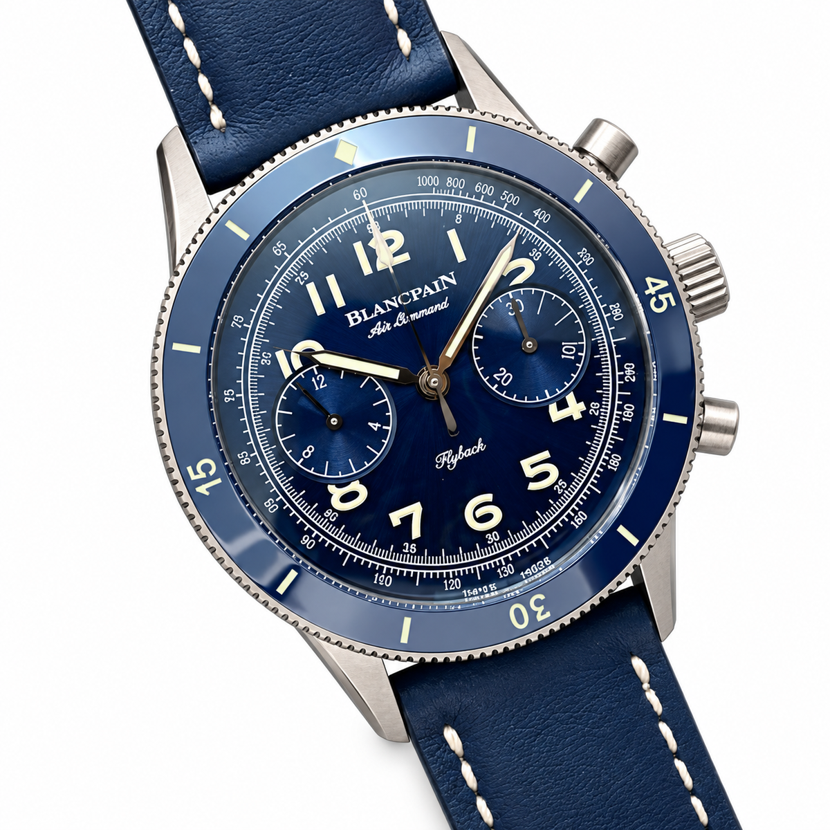 Blancpain Air Command Flyback Chronograph Blue Ceramic Bezel Leather Watch