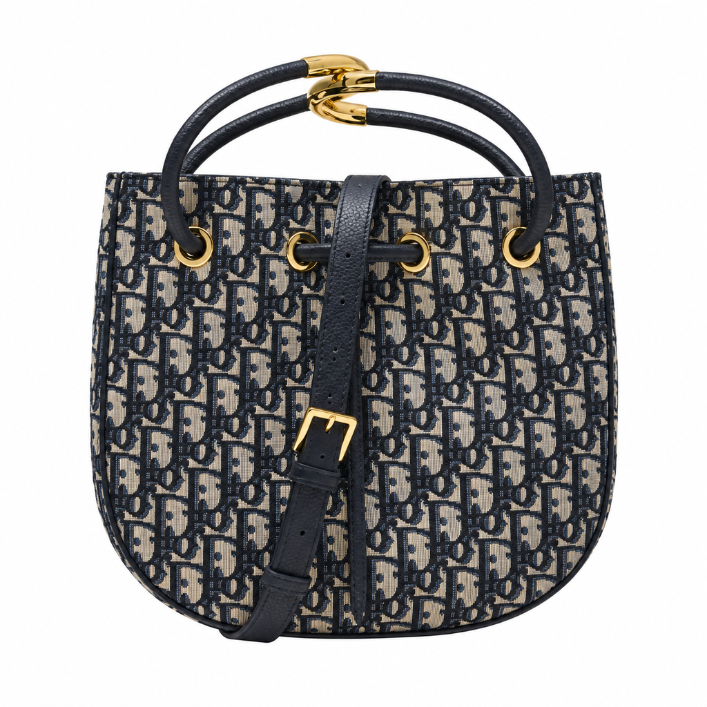 Dior Navy Oblique Jacquard Drawstring Bucket Bag