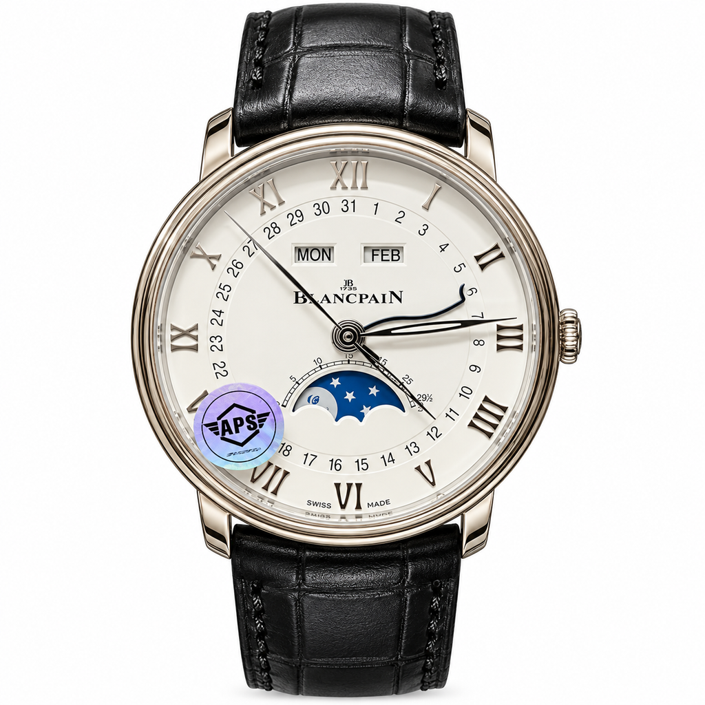 Blancpain Villeret Moonphase Full Calendar White Gold Black Alligator Watch