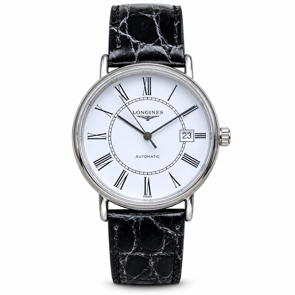 Longines Présence white lacquered dial Roman numerals slim steel case black crocodile leather strap automatic dress watch