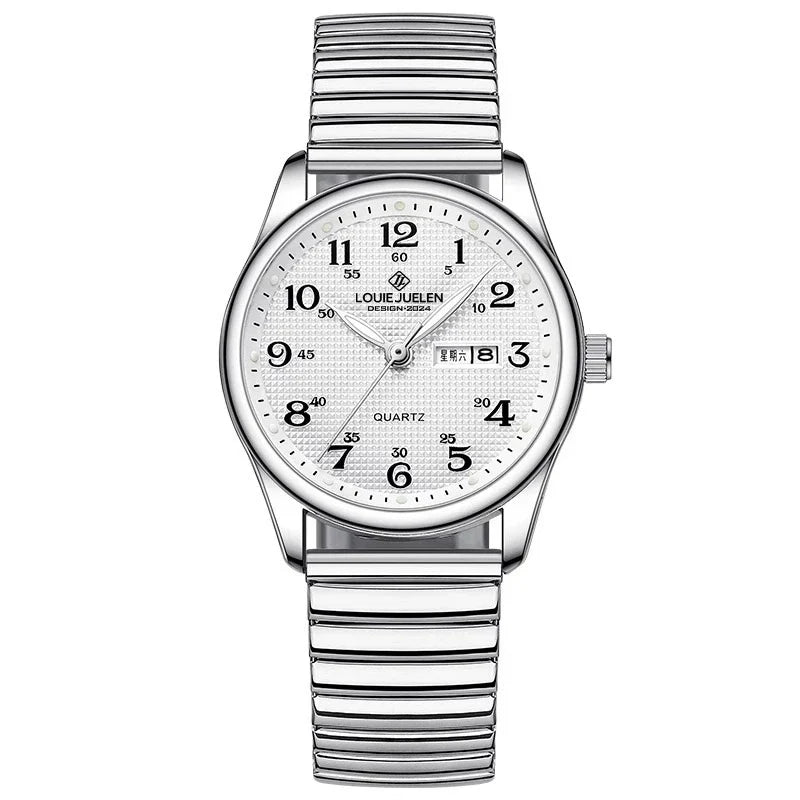 Louie Juelen — Stainless Steel, White Dial, Day-Date & Stretch Bracelet