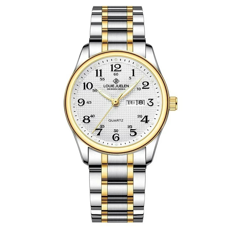 Louie Juelen — Stainless Steel, White Dial, Day-Date & Stretch Bracelet